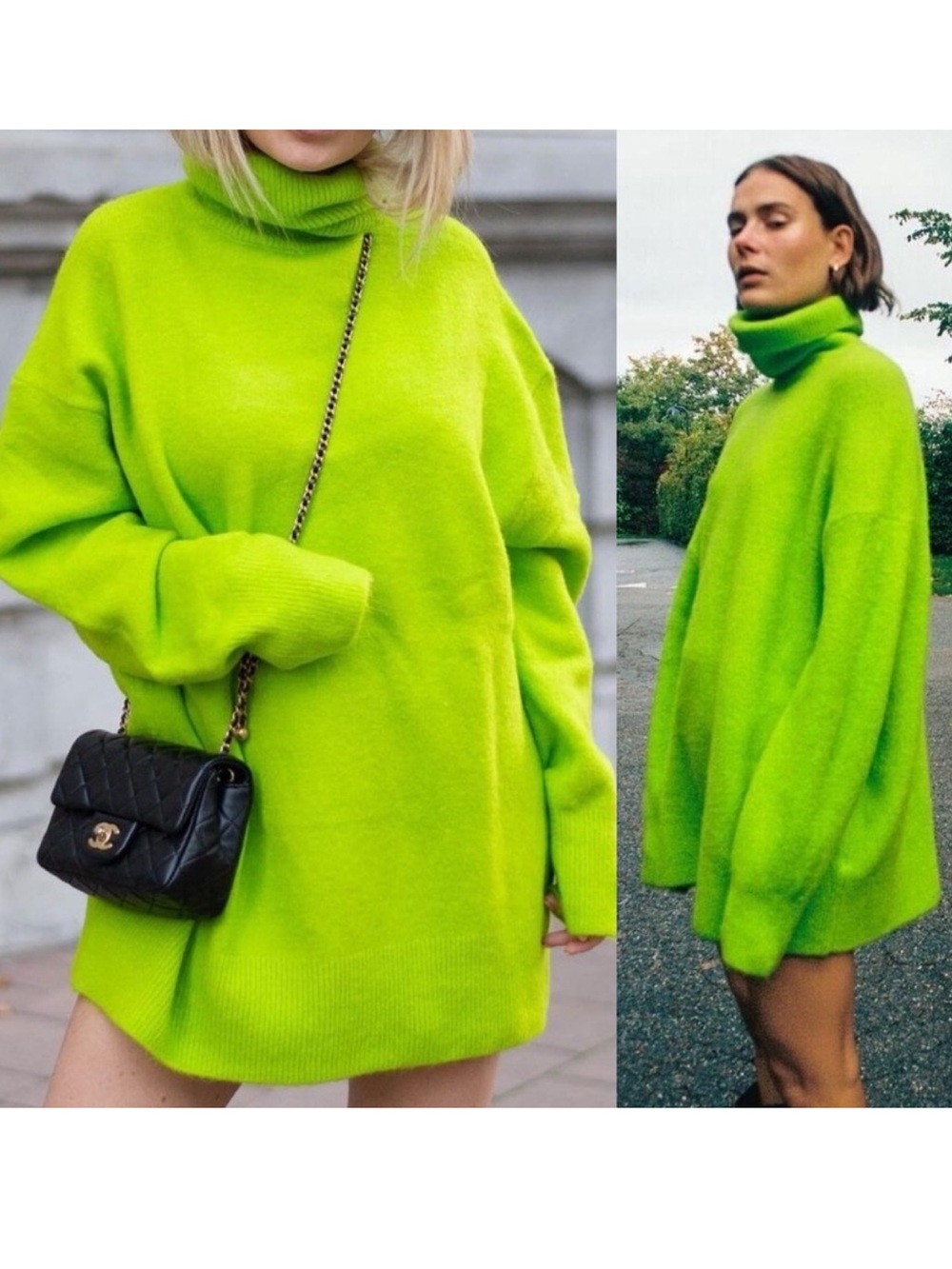 Zara Brat Neon Lime Green Oversized Turtleneck Sweater XL Blogger Favorite Viral